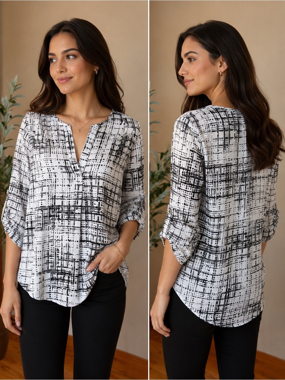 486. Black & White Abstract Print V-Neck Women's Top